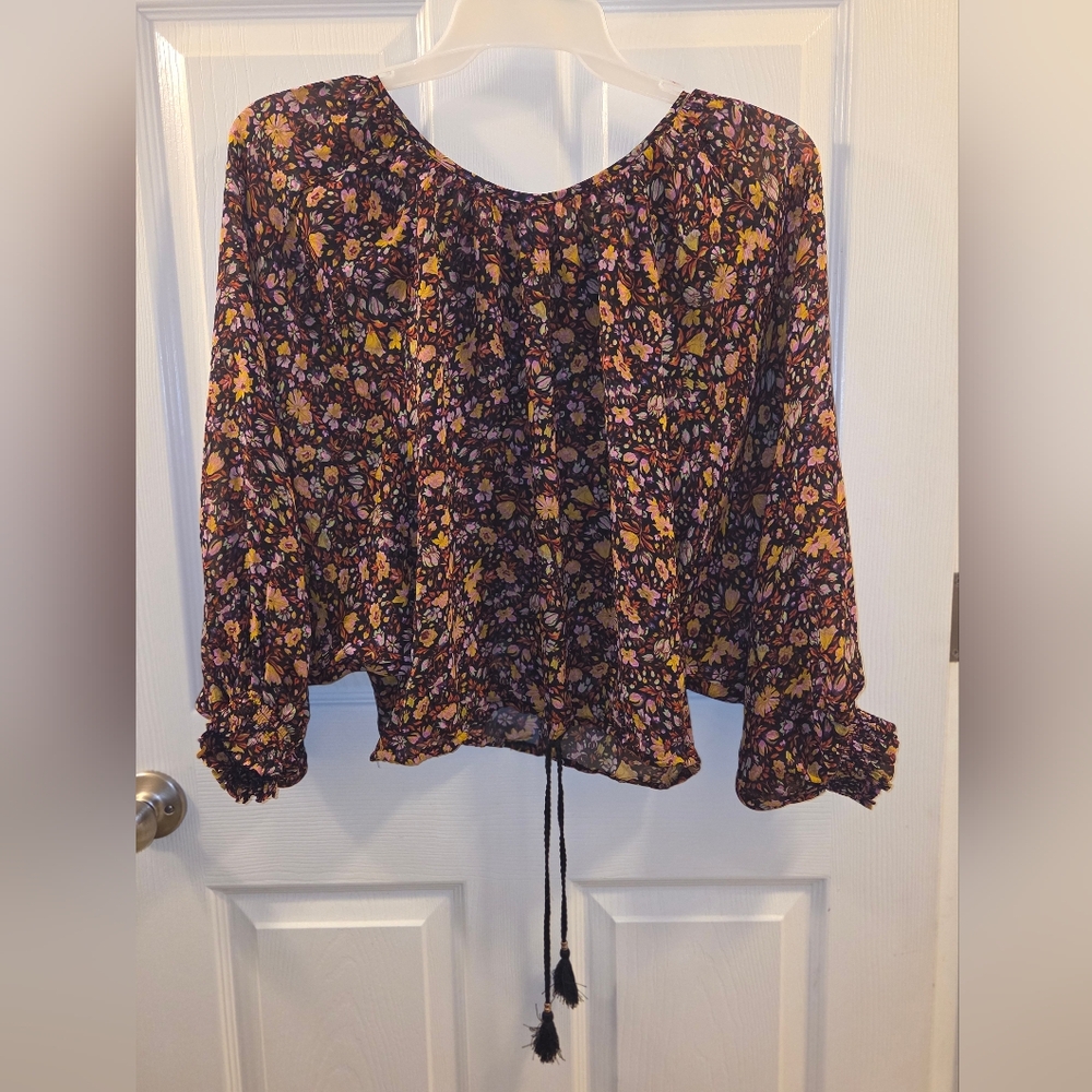 Womens Anthropologie Multicolor Floral Blouse W/ Bell Sleeve, Sheer, Sz SM - Picture 4 of 11